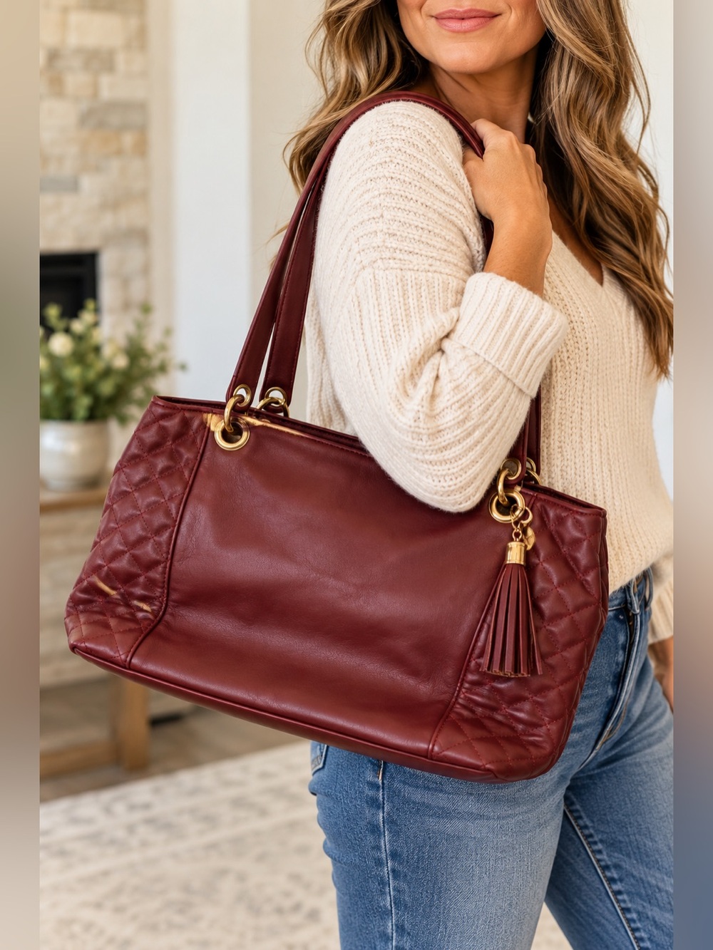 Bueno Burgundy Quilted Shoulder Bag Faux LeatherTassel Tote Maroon Gold Hardware